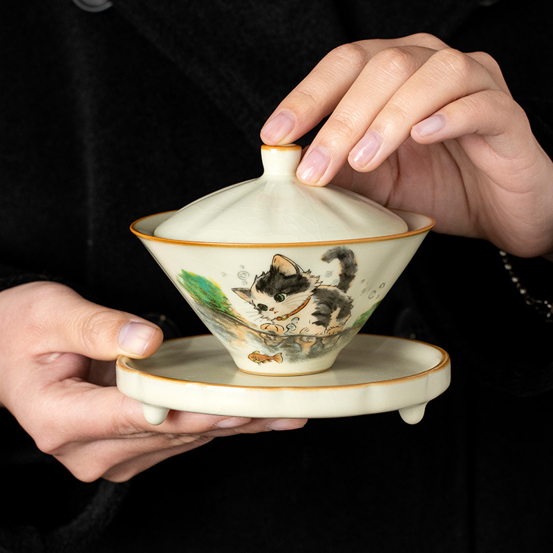 汝窑萌猫斗笠盖碗单个高档定制