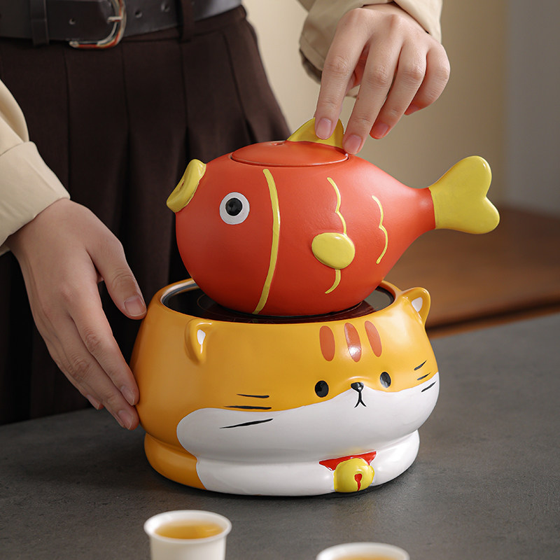 围炉煮茶猫咪金鱼黑晶炉套装可爱陶瓷侧把防烫泡茶壶小型煮茶器