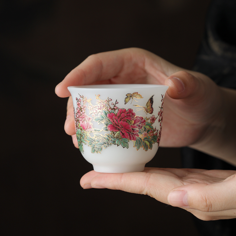 璞玉冰种蝶恋花陶瓷茶杯功夫茶具高档高档主人杯个人专用喝茶单杯