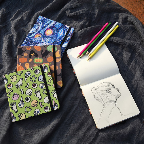 米范儿布艺封面速写本随身旅行手账写生本素描彩铅绘画本学生空白日记笔记本子猫咪卡通风格手账本