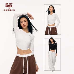 上衣夏季 HIPHOP T恤女跳爵士舞街舞修身 复古白色V领长袖 NINJA美式