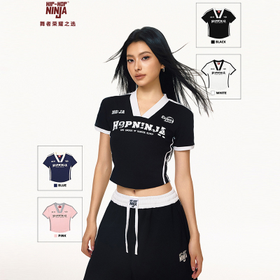 女爵士舞修身短袖V领撞色球衣