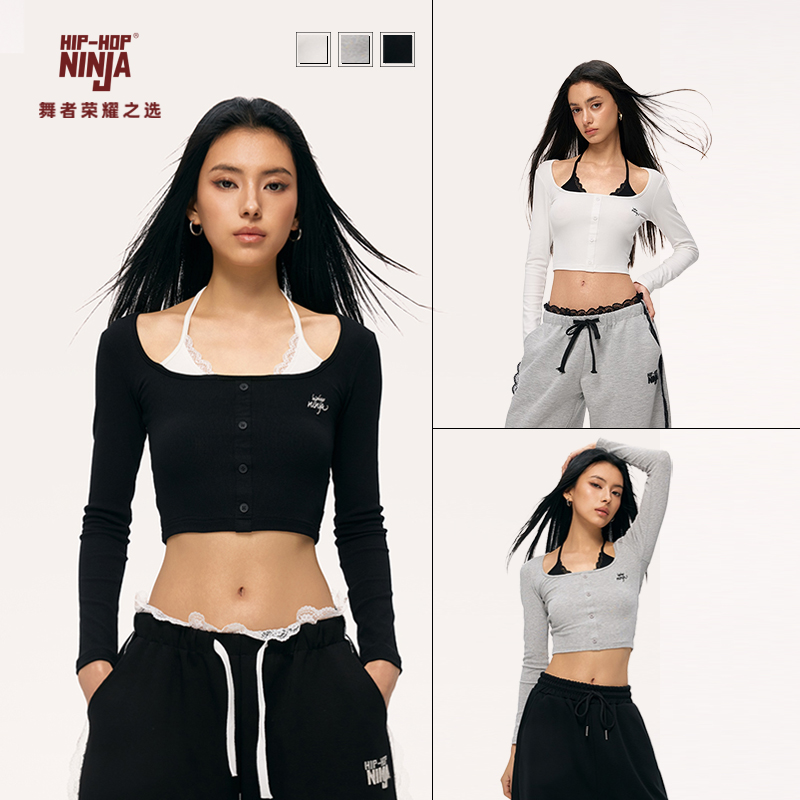 HIPHOP NINJA街舞美式修身打底上衣爵士舞绑带挂脖假两件长袖T恤