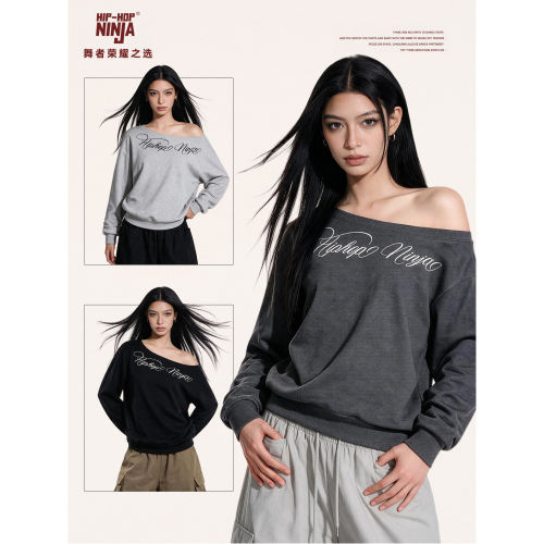 HIPHOP NINJA 新款慵懒风斜肩长袖卫衣女跳爵士舞罩衫宽松上衣