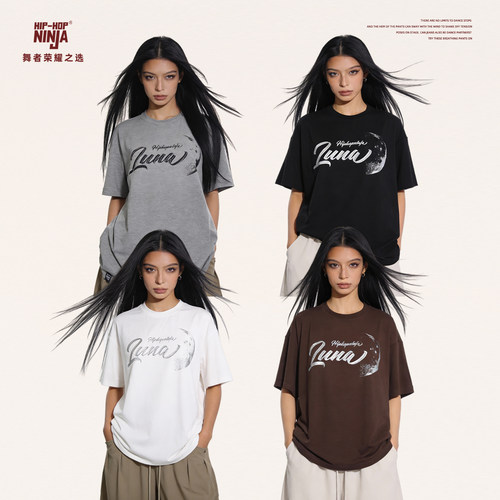 HIPHOP NINJA美式闪钻字母印花圆领短袖T恤女休闲百搭宽松上衣