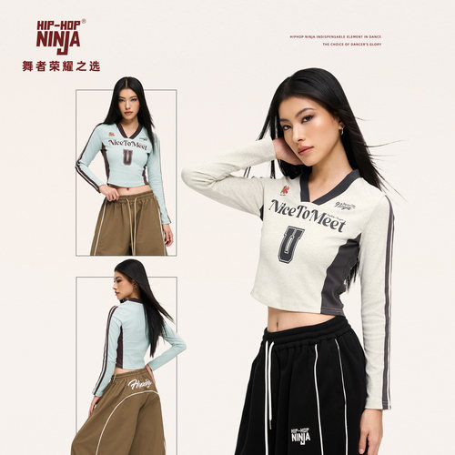 HIPHOP NINJA美式复古球衣V领长袖T恤女跳爵士舞撞色拼接修身上衣
