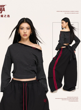 HIPHOP NINJA街舞嘻哈宽松条纹长袖T恤女跳爵士舞露背罩衫上衣
