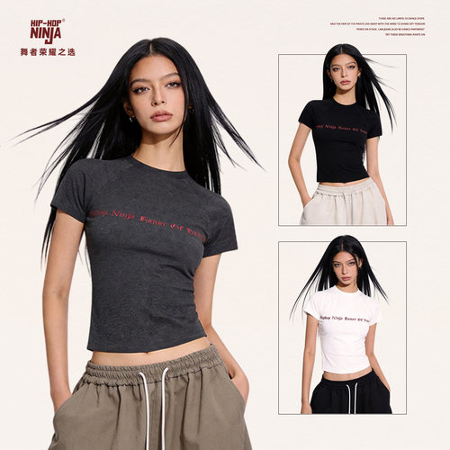 HIPHOP NINJA美式复古浮雕印花圆领插肩短袖T恤女夏新款修身上衣