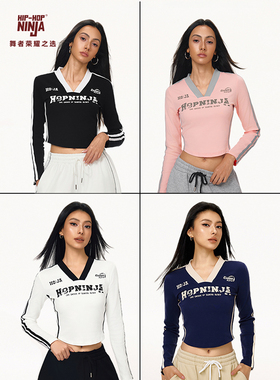 HIPHOP NINJA 美式复古球衣爵士舞撞色V领长袖T恤女秋冬修身上衣