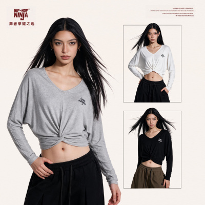 HIPHOP NINJA新款简约设计感V领长袖T恤女跳爵士舞露脐蝙蝠袖上衣