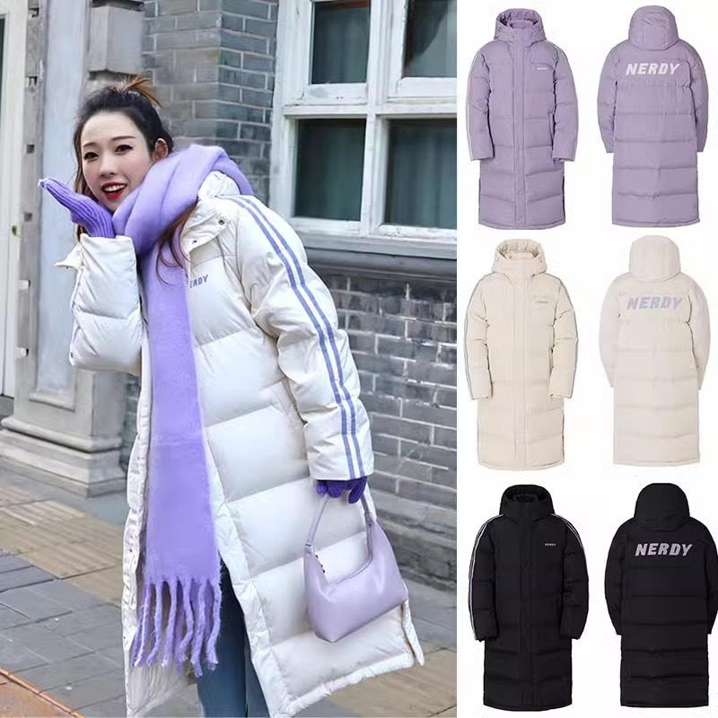 韩国潮牌nerdy羽绒服连帽条纹加厚过膝中长90白鸭绒男女保暖外套