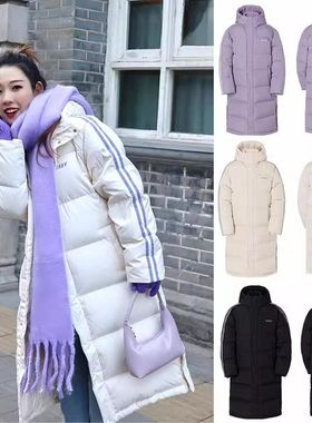 韩国潮牌nerdy羽绒服连帽条纹加厚过膝中长90白鸭绒男女保暖外套