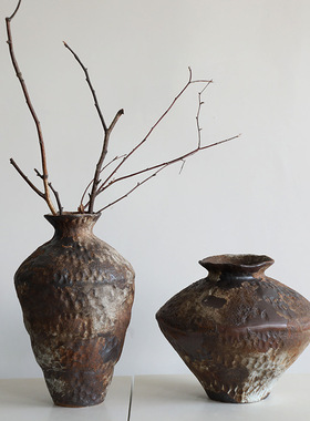 侘寂风陶瓷花瓶粗陶瓶插花复古怀旧手工民宿酒店禅意摆件