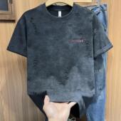 式 高街男装 2025刺绣潮牌破洞短袖 t恤新款 男款 美式 夏季 宽松上衣服