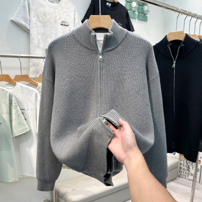 男士毛衣开衫外套秋冬季半高领加厚针织衫立领上衣服高级感毛线衣