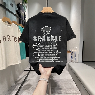 短袖男款美式高街夏季2025新款式渐变宽松上衣服潮牌纯棉刺绣t恤