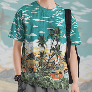 0017设 美式 女装 速干T恤男装 无界 复古夏威夷沙滩海边椰树插画大码