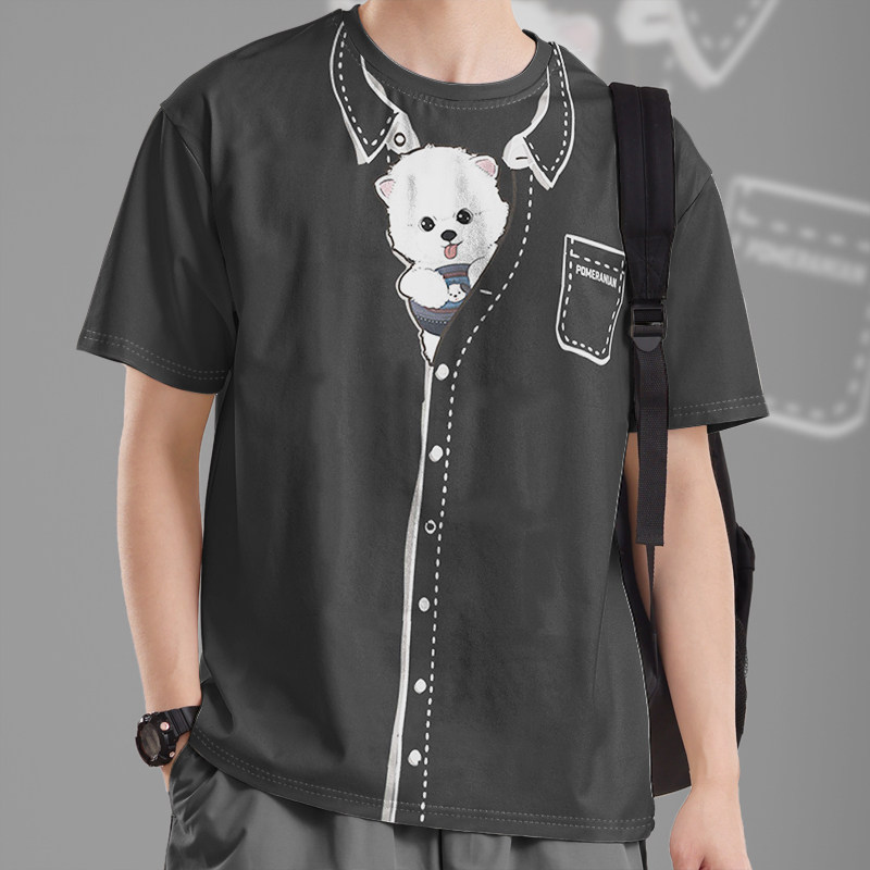 日系可爱3D线条小狗博美创意T恤