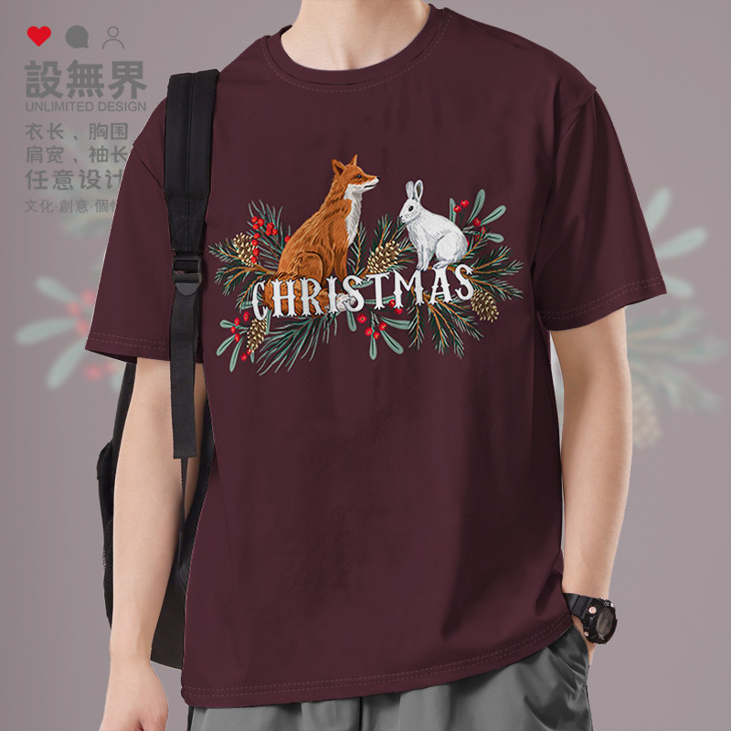 可爱小狐狸兔子圣诞节创意卡通短袖T恤男女港风INS体恤夏设 无界