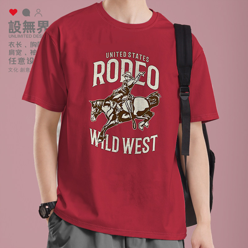 美国西部牛仔开拓者竞技短袖T恤男女复古潮牌体恤夏装0015设 无界