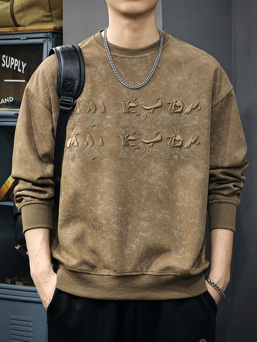 哥特字母刺绣卫衣男士秋季新款宽松大码重磅圆领休闲潮牌长袖上衣