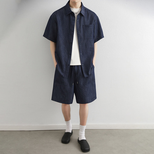 老钱风短袖牛仔衬衫套装男夏季一整套衣服高端宽松时尚短裤两件套