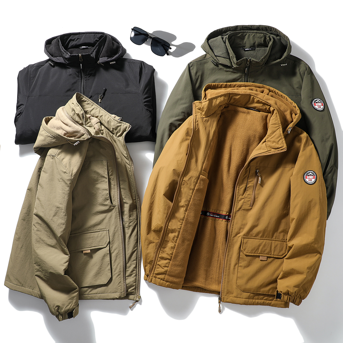 多口袋工装夹克加棉摇粒绒外套