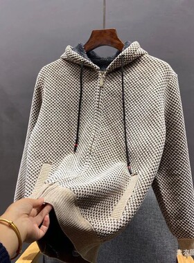 OMD公司订单！菠萝纹肌理感！外贸男装秋冬加绒加厚保暖连帽卫衣