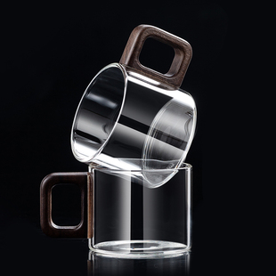 茶杯高硼硅耐热玻璃喝水杯防烫木把透明小茶杯功夫品茗杯咖啡杯子