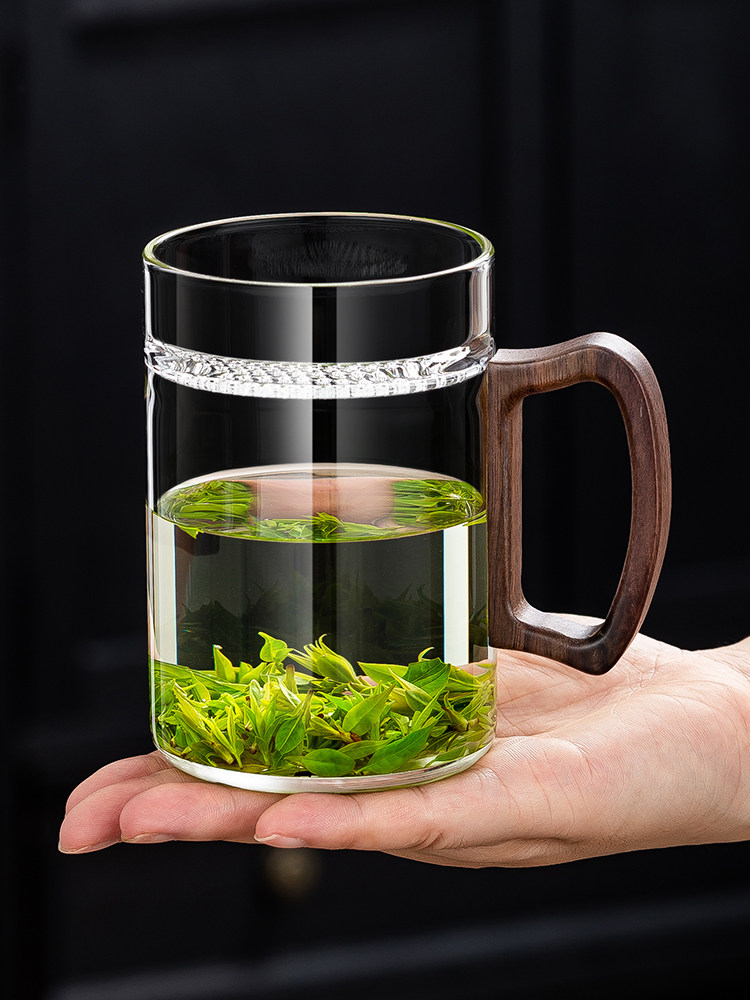 茶杯玻璃杯个人专用男士办公喝水杯带盖胡桃木把月牙泡茶杯绿茶杯
