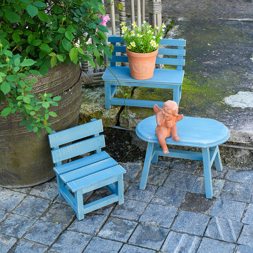 蓝色椅子凳子花架创意装饰木椅摆件布置造景户外家居摆设做旧工艺
