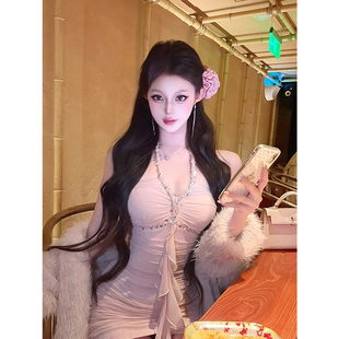 包臀短裙 内搭修身 XZY 微胖名媛性感重工镶钻挂脖连衣裙女25年冬季