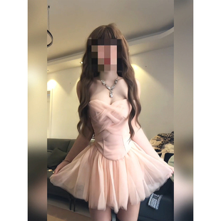 仙气网纱半裙套装 XZY 微胖纯欲风甜美粉色抹胸鱼骨胸衣女25年冬季