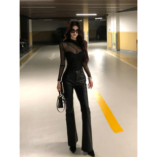 套装 辣妹pu皮长裤 微胖御姐风气质网纱拼接高领上衣女25年冬季 XZY