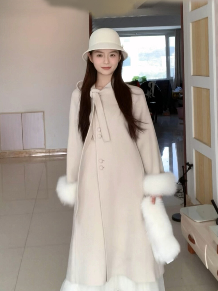 韩系富家千金毛毛领毛呢外套