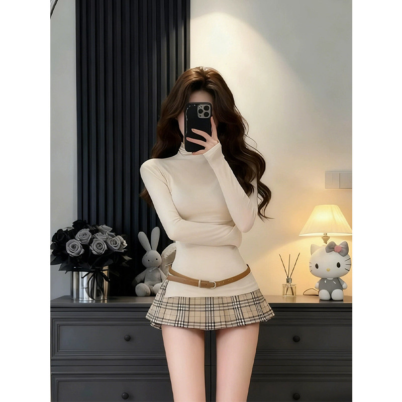 XZY 微胖辣妹风修身正肩高领长袖T恤女25年冬季高腰格纹短裙套装,女装/女士精品,大码套装,淘宝优惠券,粉丝福利购,淘宝优惠卷