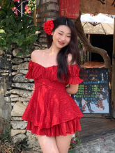 微胖mm法式设计感系带波点连衣裙女夏季甜辣妹一字肩收腰蓬蓬短裙