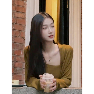 XZY 微胖复古松弛感咖色长袖 针织开衫 女25年早秋内搭吊带上衣套装