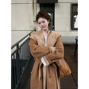 绑带外套 宽松长款 XZY 微胖老钱风高级感连帽毛呢大衣女25年冬季