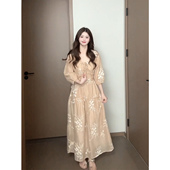 XZY 微胖南法度假风刺绣碎花连衣裙女25年夏季 收腰气质茶歇长裙子