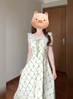 XZY/欣争艳 胖mm田园风法式绿色碎花连衣裙女夏蕾丝拼接显瘦长裙