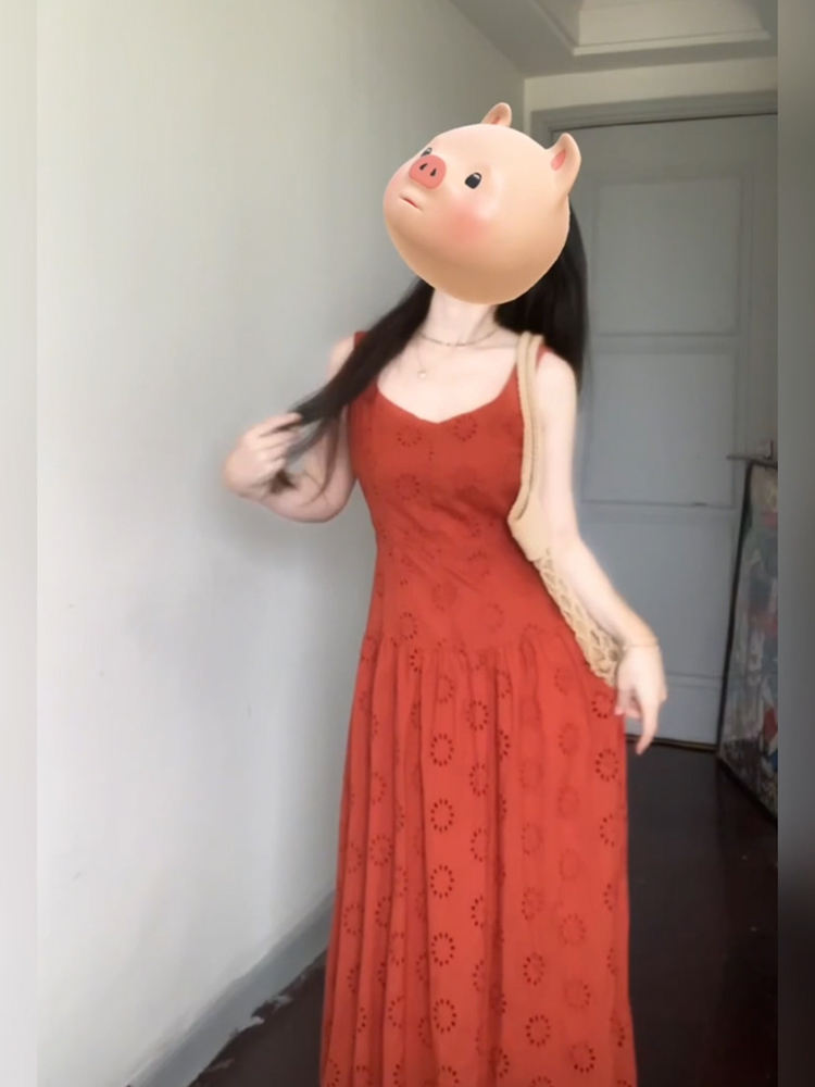 复古橘红色刺绣背心连衣裙