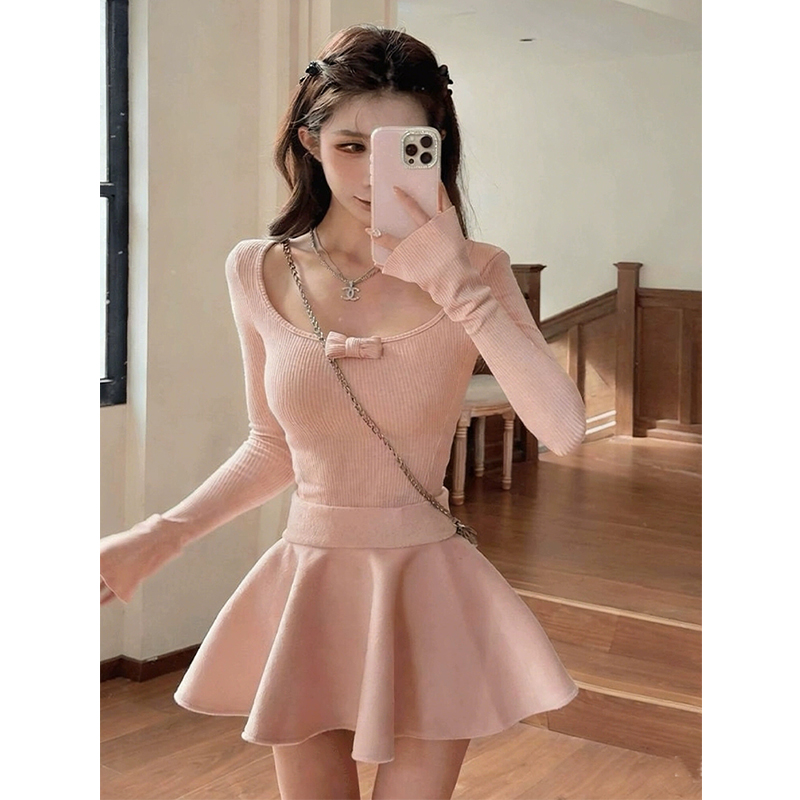 纯欲风修身方领蝴蝶结长袖上衣