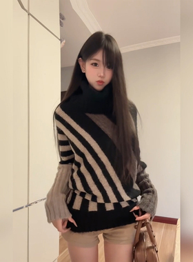 XZY 微胖古早辣妹撞色条纹针织毛衣女25年秋宽松显瘦多种穿法上衣