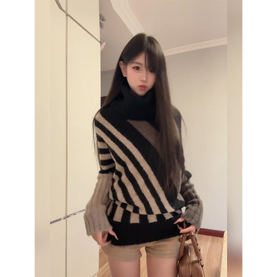微胖古早辣妹撞色条纹针织毛衣