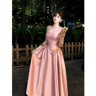 XZY 微胖法式气质方领缎面吊带连衣裙女高级感温柔千金生日礼服裙