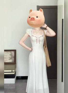 XZY/欣争艳 胖mm法式复古方领白色印花连衣裙女夏设计感收腰长裙