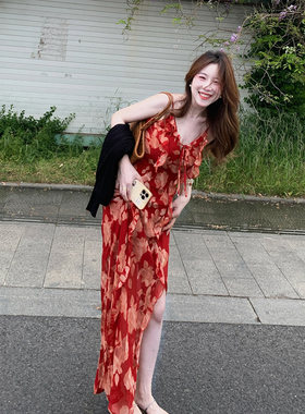 XZY 微胖法式纯欲荷叶边红色印花吊带裙女25年夏季度假风系带长裙