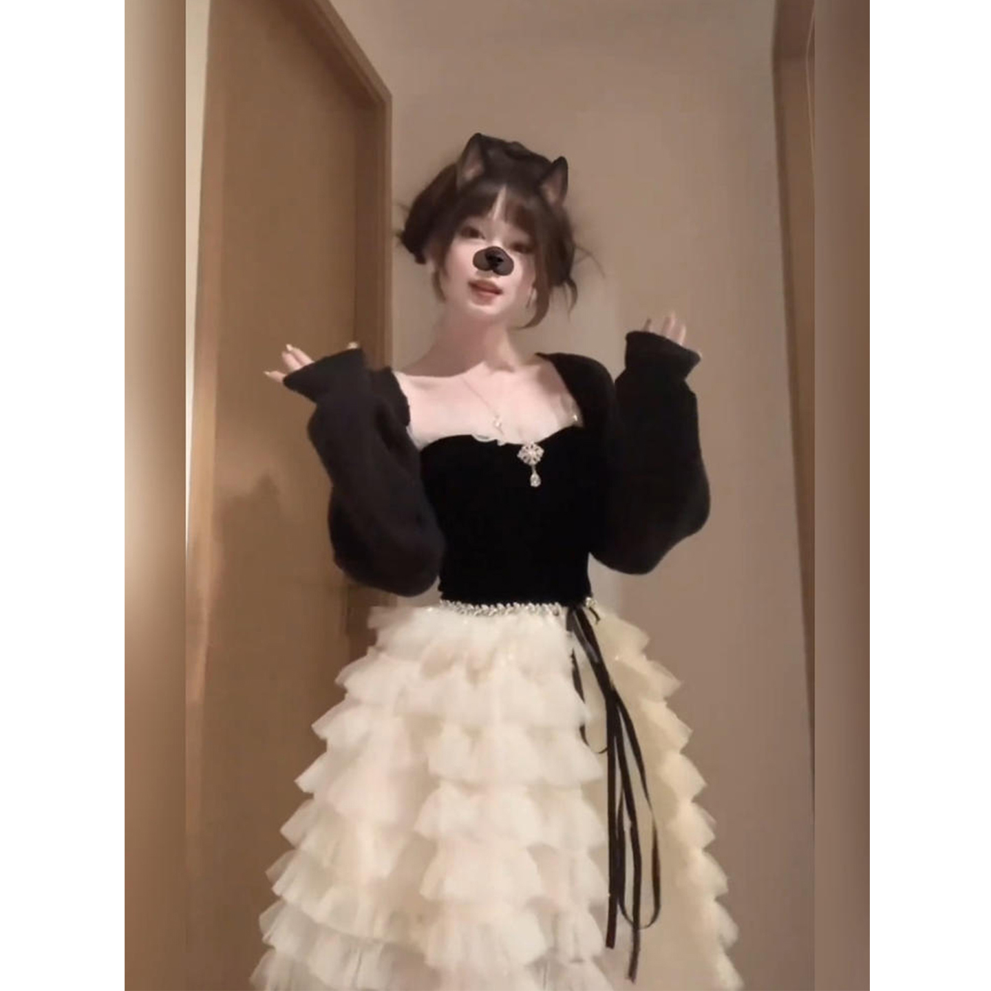 XZY 微胖甜辣风千金重工珠片丝绒连衣裙女25年冬季收腰生日蛋糕裙