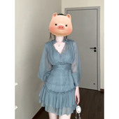 气质重工褶皱V领连衣裙女25年夏季 XZY 微胖法式 绝美收腰仙女短裙